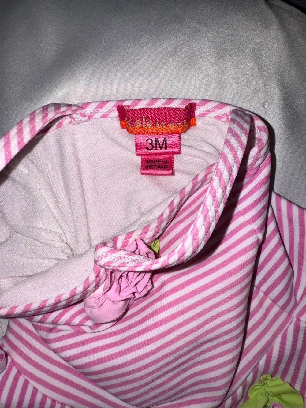 Kate Mack Pink and White Striped Ruffle Tankini with Floral Appliques